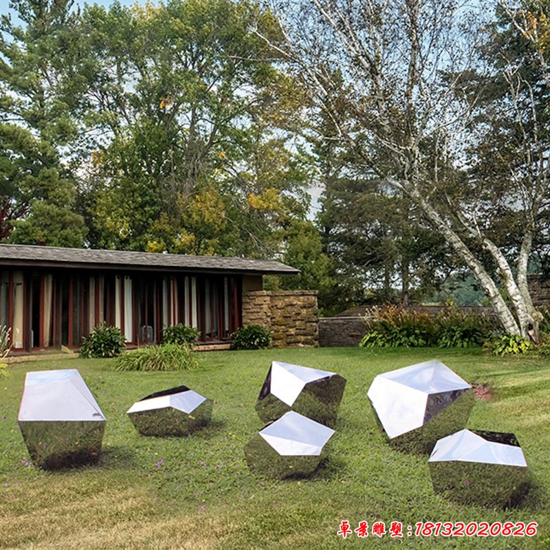 户外园林绿地景观公园草坪落地摆件 不锈钢几何镜面石头雕塑摆件62697
