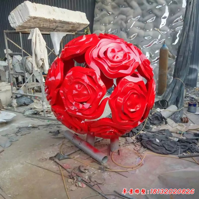 不锈钢玫瑰花球雕塑，不锈钢景观雕塑