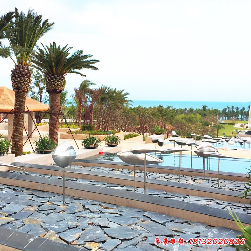 厂家定制水池景观装饰动物鱼群雕塑喷池户外不锈钢大型摆件创意7772