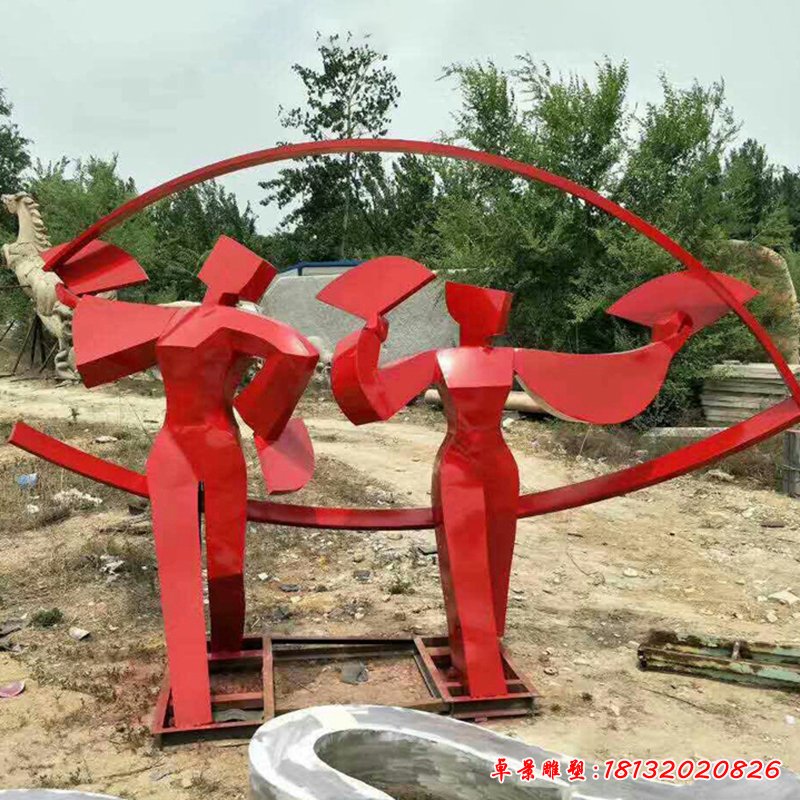 不锈钢抽象跳扇子舞的人物雕塑，公园景观摆件