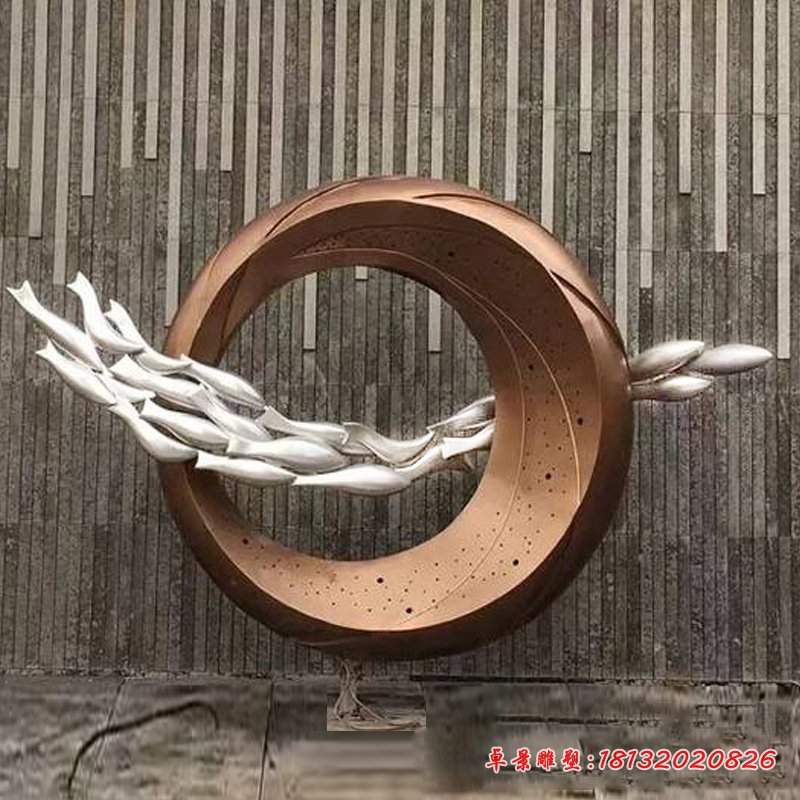 不锈钢抽象鱼群圆环雕塑 
