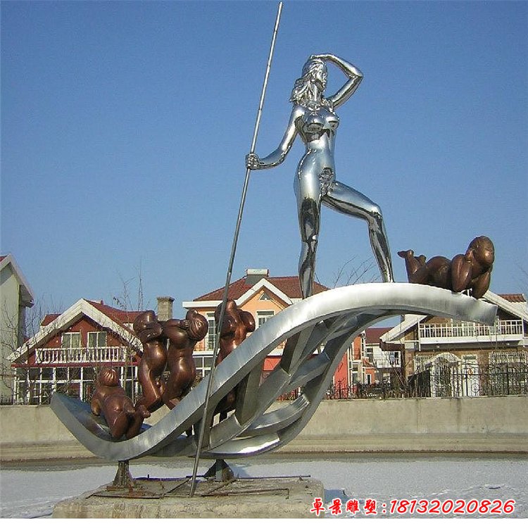 不锈钢划船景观雕塑