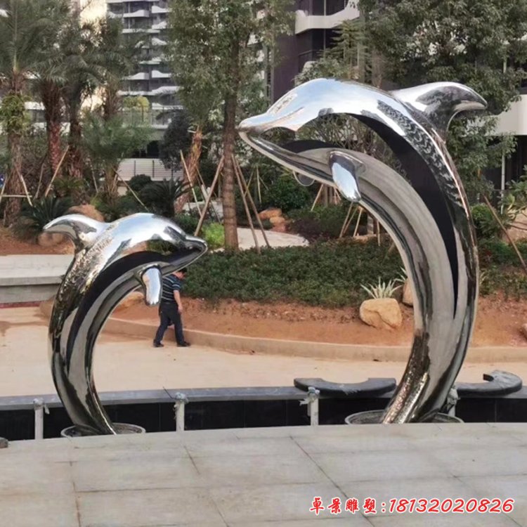 小区镜面不锈钢抽象海豚雕塑 (1)
