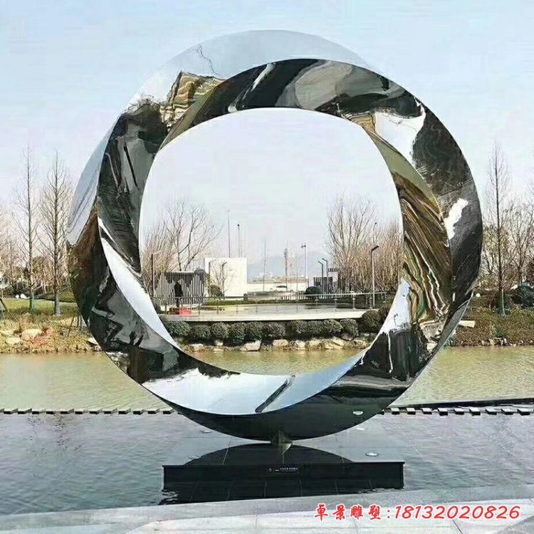 户外圆环金属摆件镜面不锈钢发光月亮雕塑 室外广场水景喷雾造型25623