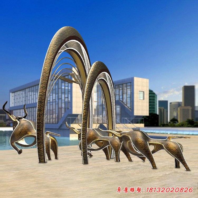 广场不锈钢抽象牛进拱门雕塑[1]