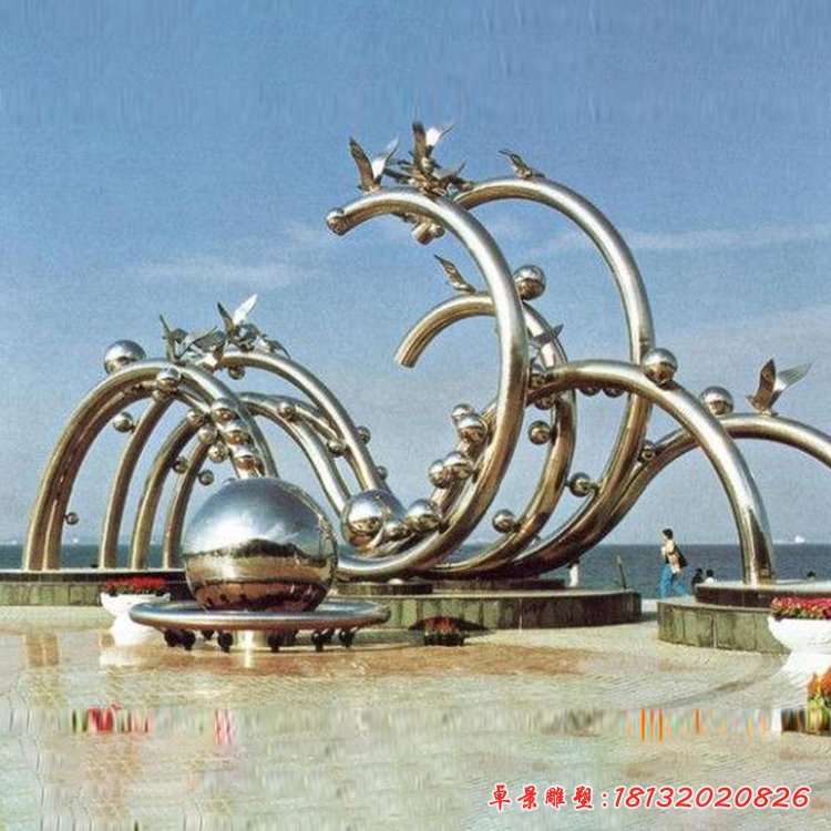 海边抽象不锈钢海浪和海鸥雕塑