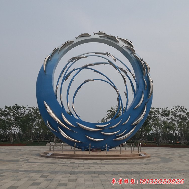 不锈钢抽象鱼群圆环雕塑 (3)