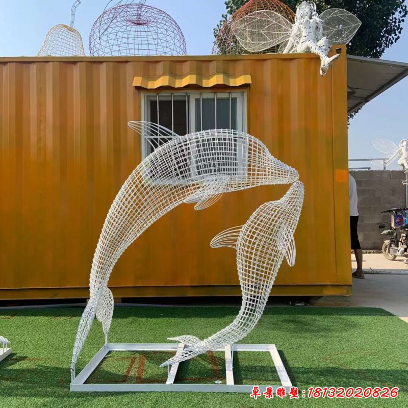 不锈钢编织跳跃海豚雕塑 (1)