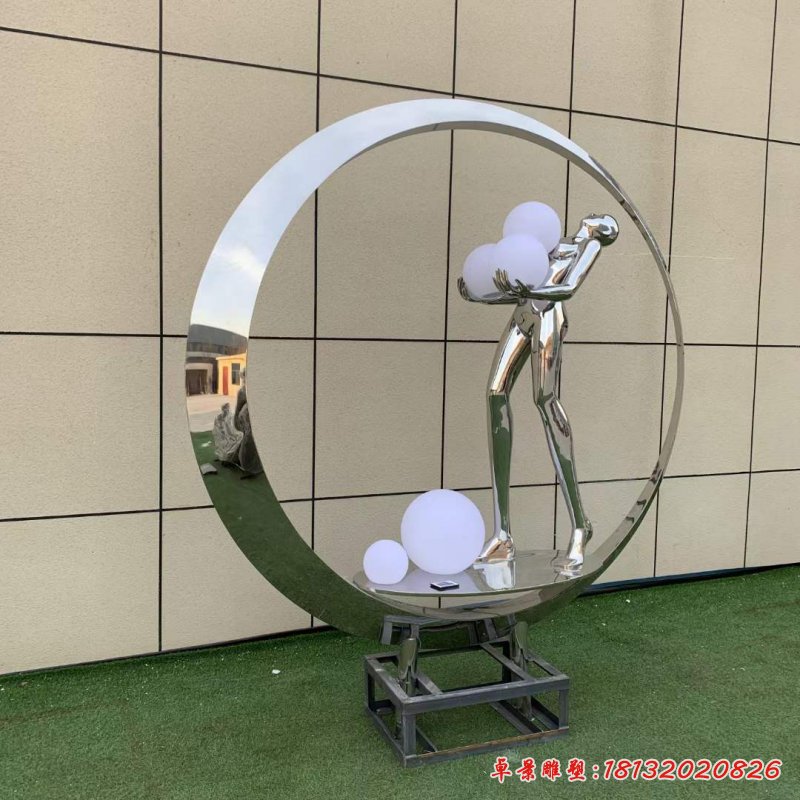 不锈钢镜面抽象人物圆环景观雕塑