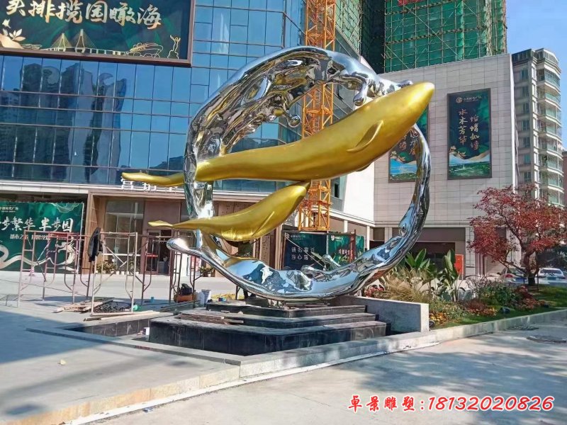 不锈钢抽象海浪圆环海豚雕塑