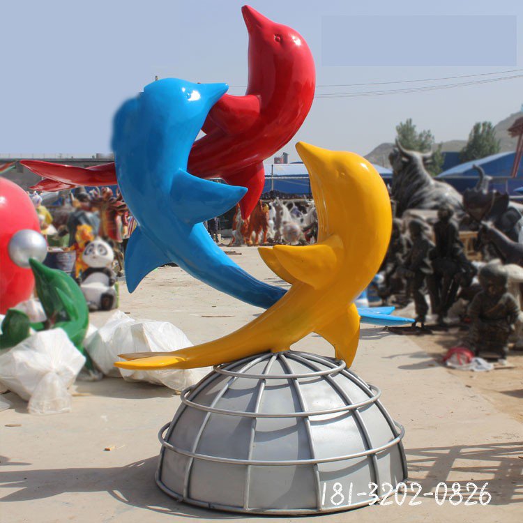 海豚嬉戏雕塑公园不锈钢动物雕塑 (1)