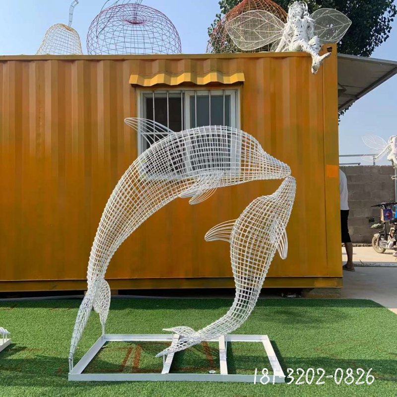 不锈钢编织跳跃海豚雕塑 (1)