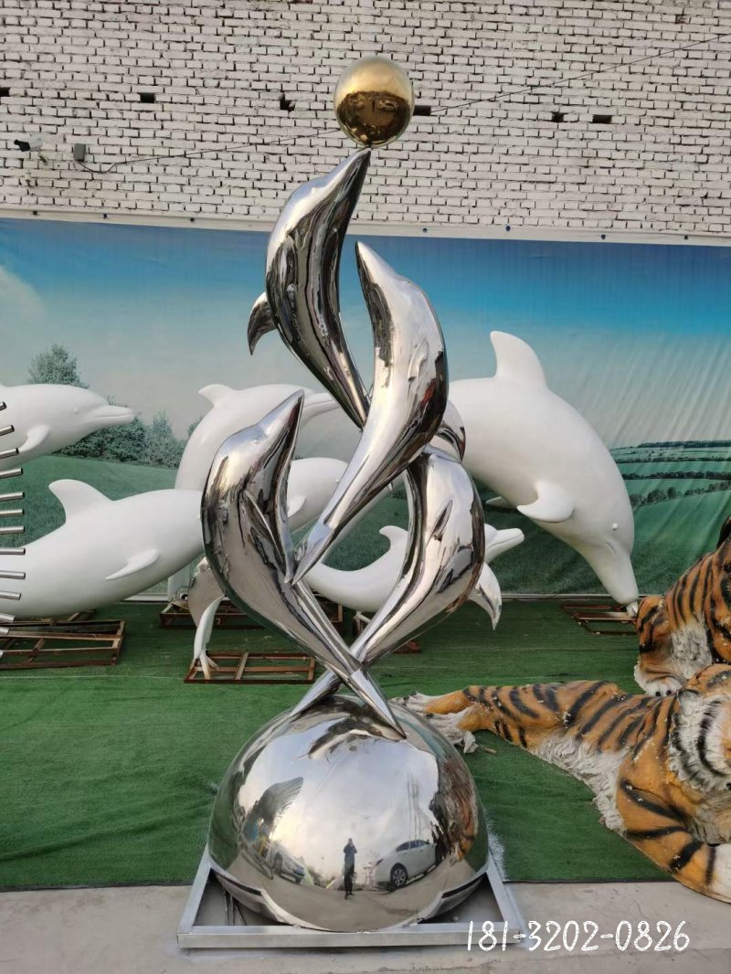动物不锈钢海豚戏球雕塑 (3)