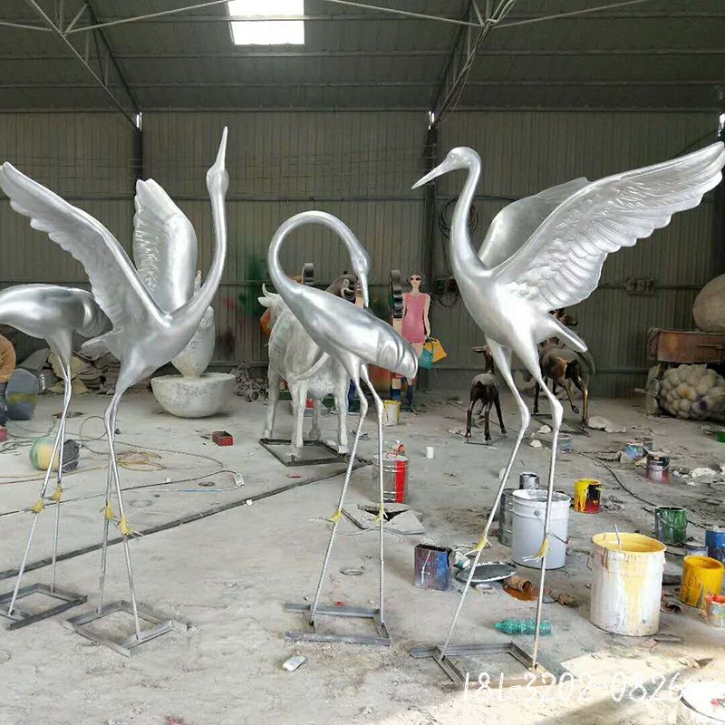 仿真不锈钢仙鹤雕塑，公园动物雕塑[1]